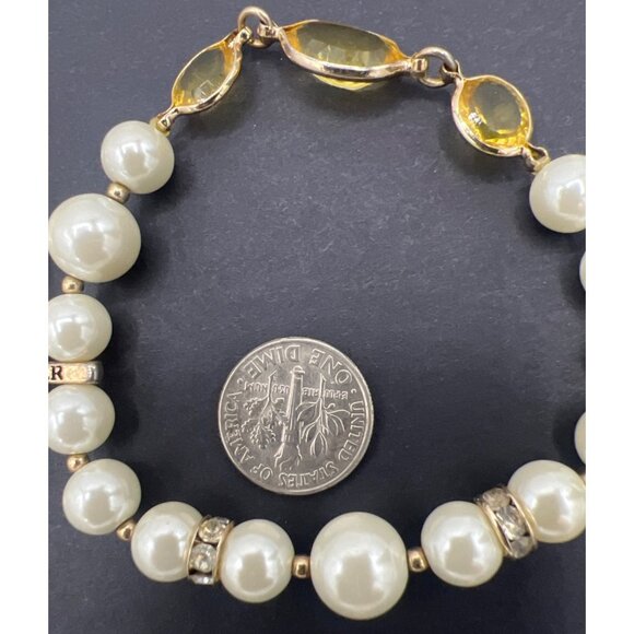 Vintage Napier Double Strand Bracelet Faux Pearl Yellow Crystal Gold Tone 6.5" - Picture 8 of 8